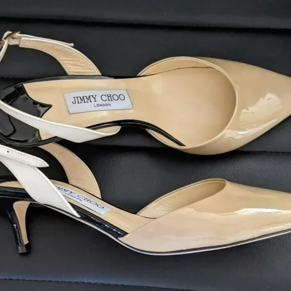 Jimmy Choo Women Patent Leather Pointed Colorblock Slingbacks Beige/Blk - Picture 6 of 10